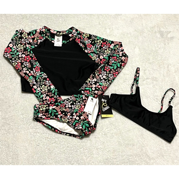 Art Class Girl's 3pc Rash Guard Bikini Swimsuit Set Floral Printed Size Medium 8 - Picture 1 of 6